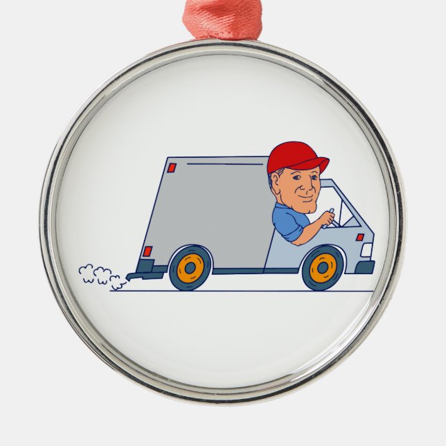 Delivery Man Driving Truck Van Cartoon Metal Tree Decoration (Front)