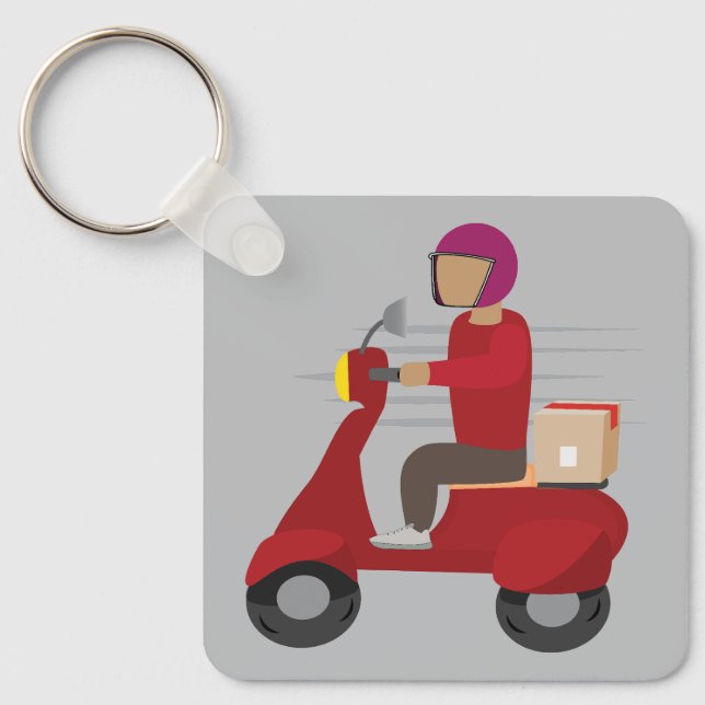 Delivery Person Driving a Scooter Key Ring (Front)
