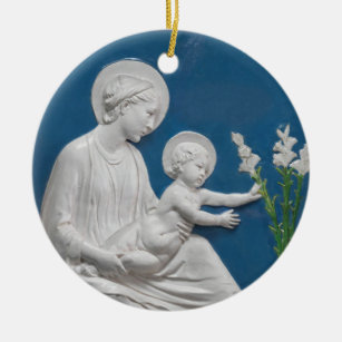 Della Robbia Madonna & Child w/ Lilies Blue White Ceramic Tree Decoration