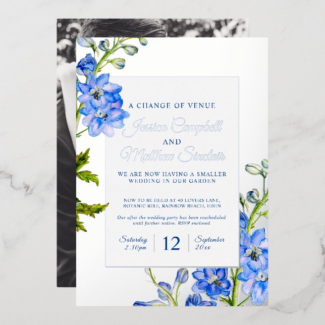 Delphinium blue flowers change of venue wedding  (Front/Back)
