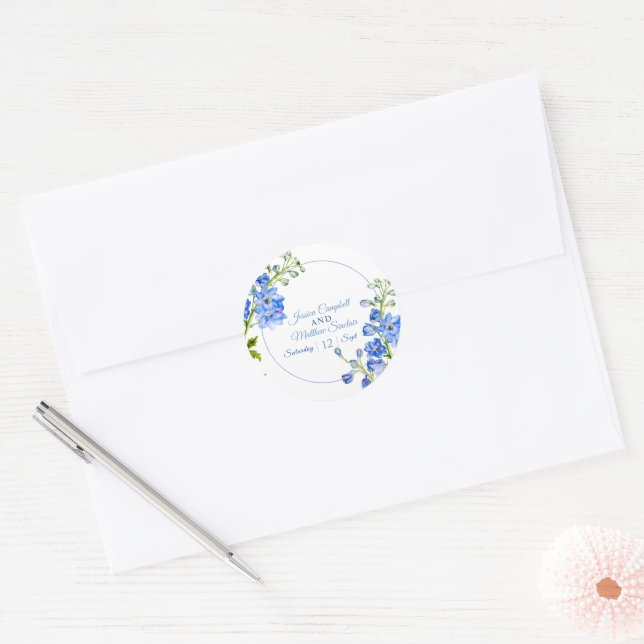 Delphinium flowers blue watercolor art wedding classic round sticker (Envelope)