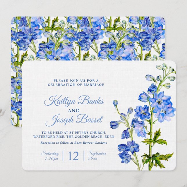 Delphinium flowers blue watercolor art wedding invitation (Front/Back)