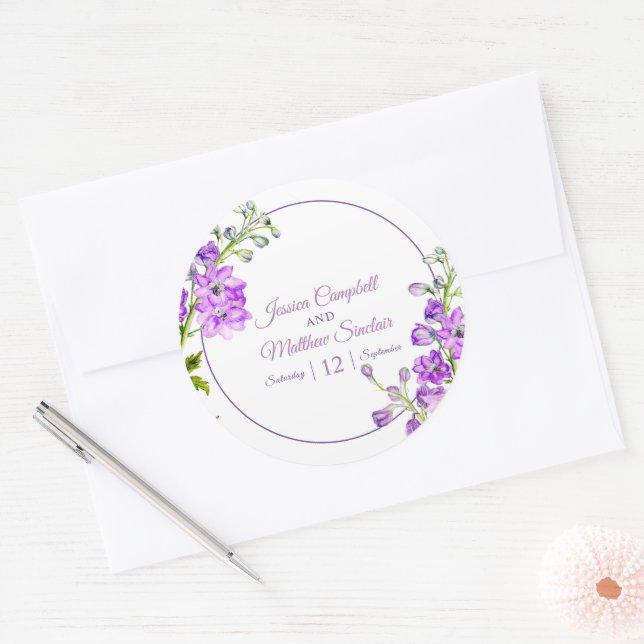 Delphinium flowers purple watercolor art wedding classic round sticker (Envelope)