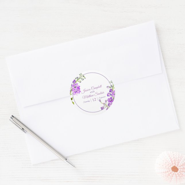 Delphinium flowers purple watercolor art wedding classic round sticker (Envelope)