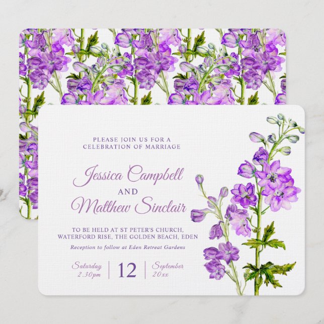 Delphinium flowers purple watercolor art wedding invitation (Front/Back)
