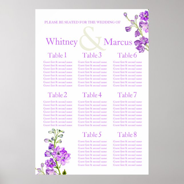 Delphinium purple Wedding Seating Table Planner Poster (Front)