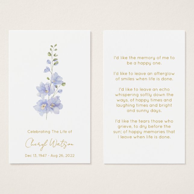 Delphinium | Simple Memorial Prayer Card (Front & Back)