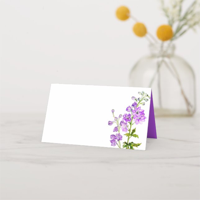 Delphinium watercolor purple wedding place cards (Back)