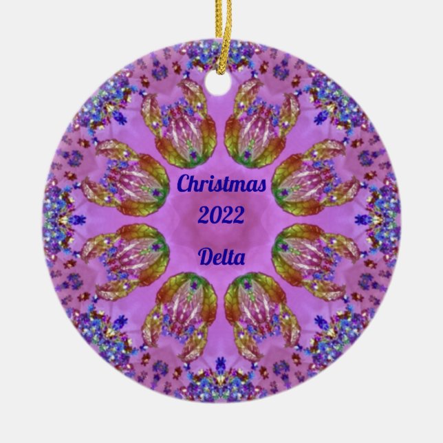 DELTA ~ CHRISTMAS Red Green Blue Pink 2022 ~ Ceramic Tree Decoration (Front)