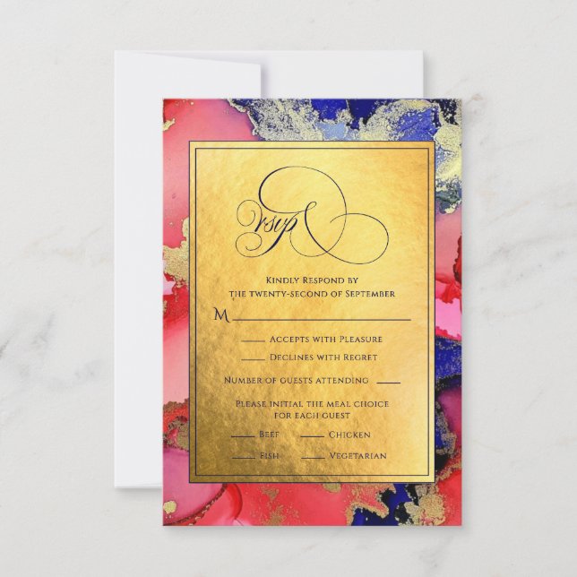 Deluxe Gold Abstract Ink Art Wedding RSVP Card (Front)
