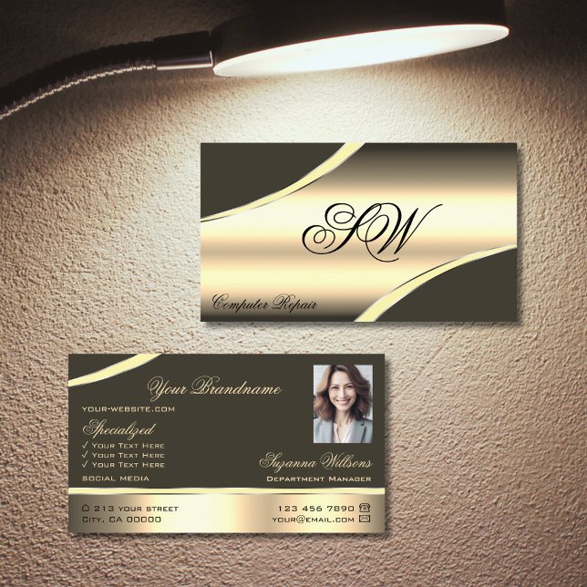 Deluxe Gold Brown Curved Lines Monogram and Photo Business Card (Creator Uploaded)
