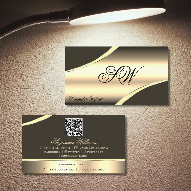 Deluxe Gold Brown Curved Lines Monogram QR Code Business Card (Creator Uploaded)