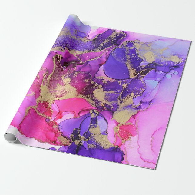 Deluxe Purple Pink Gold Ink Flow. Liquid layers of Wrapping Paper (Unrolled)
