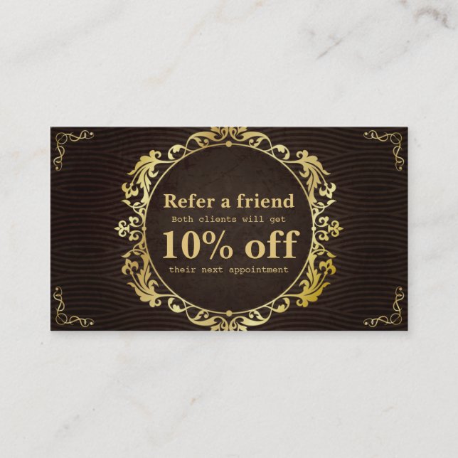Deluxe Retro Gold Circle Hair Salon Referral Card (Front)