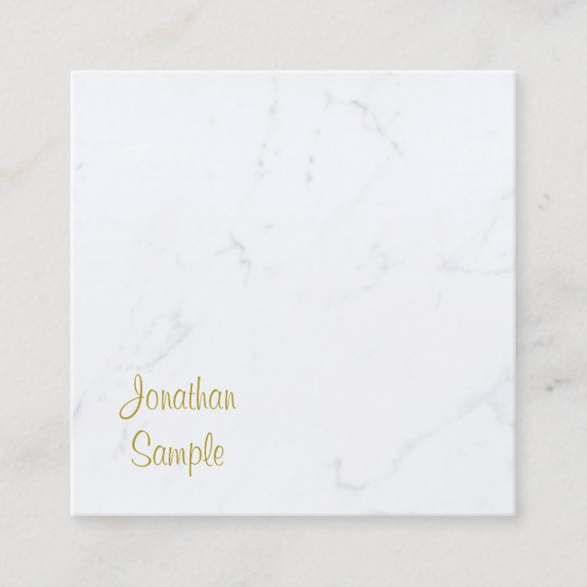 Deluxe Template Modern White Marble Gold Text Square Business Card (Front)