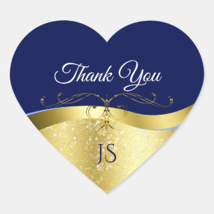Deluxe Wavy Gold Decor on Dark Blue Thank You Heart Sticker