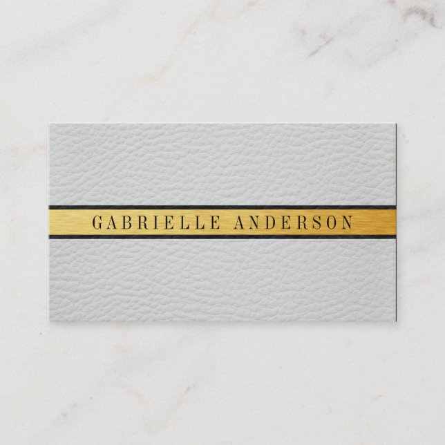 Deluxe White Leather Black Gold Metallic Trim Business Card (Front)
