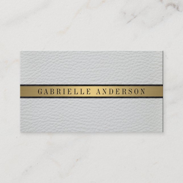 Deluxe White Leather Black Gold Metallic Trim Business Card (Front)