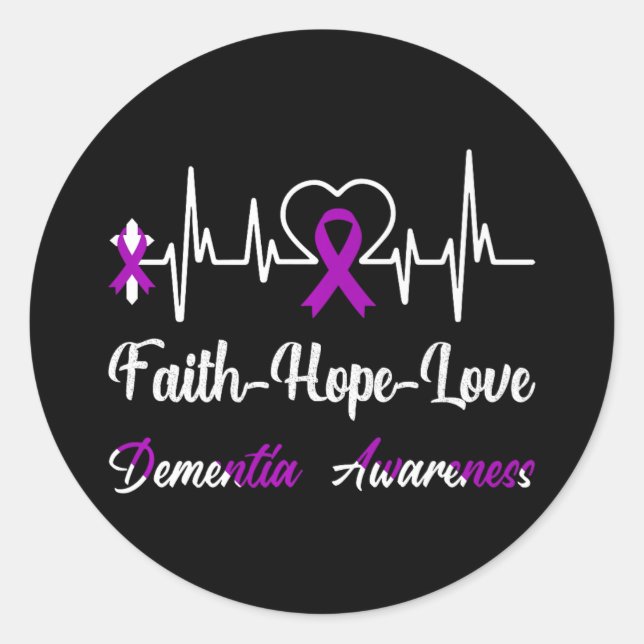 Dementia Awareness Heartbeat Christian Cross Purpl Classic Round Sticker (Front)