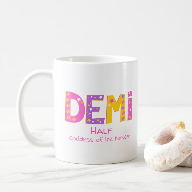 Demi girls name meaning pink purple flower stars coffee mug (With Donut)