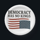 Democracy Has No King Anti Trump USA  Paper Plate<br><div class="desc">democracy has no kingspolitical statement,  anti-Trump message,  pro-democracy,  American flag theme,  liberal voice,  4th of July resistance,  equality and freedom,  USA patriotism,  democratic values,  no monarchy message</div>