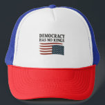 Democracy Has No King Anti Trump USA Trucker Hat<br><div class="desc">democracy has no kingspolitical statement, anti-Trump message, pro-democracy, American flag theme, liberal voice, 4th of July resistance, equality and freedom, USA patriotism, democratic values, no monarchy message</div>