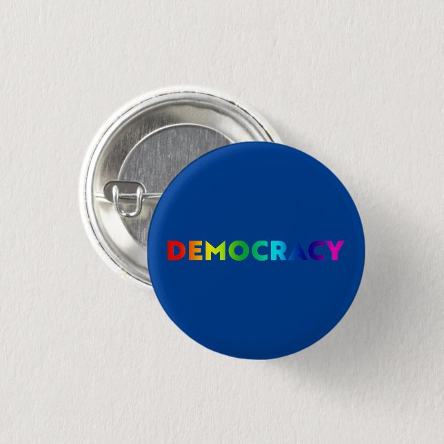 Democracy rainbow gradient typography pride blue 3 cm round badge (Front & Back)