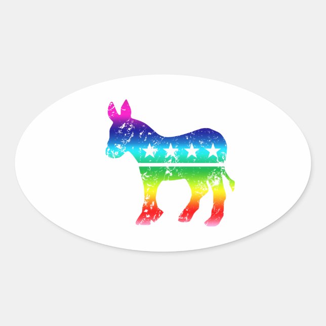 Democrat Original Donkey Distressed Rainbow Oval Sticker (Front)