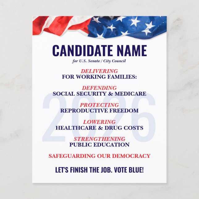 Democratic Candidate Election Campaign Push Card (Front)