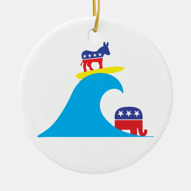 Democratic Donkey Rides the Blue Wave Ceramic Tree Decoration (Front)