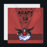 Demon Hunter Goth Red Scary 16th Birthday Invitation<br><div class="desc">Crimson red metal look with a parched folded paper overlay and a chain mail band with a black winged demon hunter on a cloud complete with a sword. Perfect for a teens 16th birthday.</div>