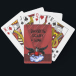 Demon Hunter Goth Red Scary 16th Birthday Playing Cards<br><div class="desc">Crimson red metal look with a parched folded paper overlay and a chain mail band with a black winged demon hunter on a cloud complete with a sword. Perfect for a teens 16th birthday.</div>
