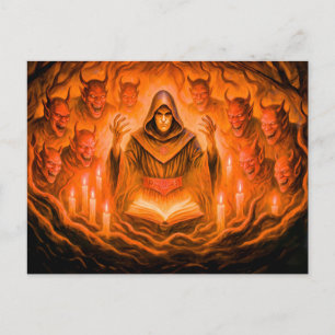 Demon summoner mage in oil painting holiday postcard