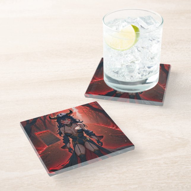 Demoness with Contact at Crossroads, Anime Demon Glass Coaster (Angled)