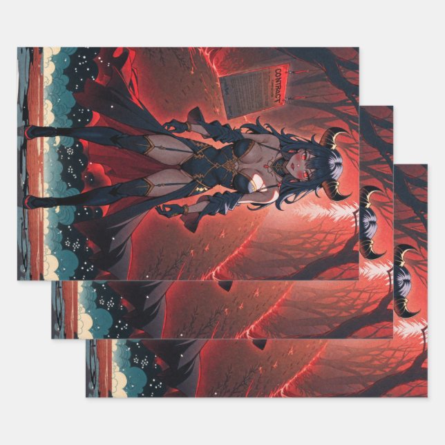 Demoness with Contact at Crossroads, Anime Demon Wrapping Paper Sheet (Set)