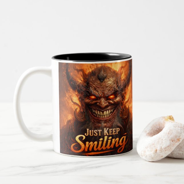Demonic Grin “Just Keep Smiling” Design Two-Tone Coffee Mug (With Donut)