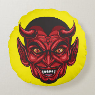 Demonic Red Horned Face Round Cushion