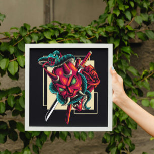 Demon's Embrace; Oni mask and Snake Poster