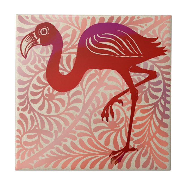 DeMorgan Ruby Lustre Bird Flamingo 1880s Repro Tile (Front)