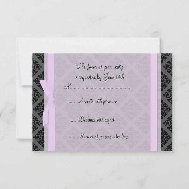 Demure Pink and Black Damask RSVP Card (Front)