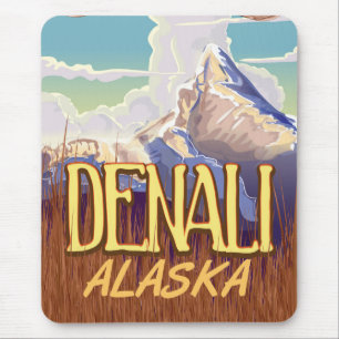 Denali Alaska cartoon vintage travel poster Mouse Mat