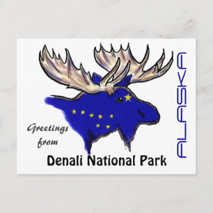 Denali National Park Alaska flag elk postcard