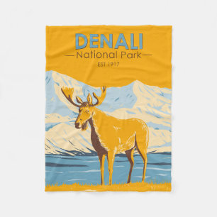 Denali National Park Alaska Moose Vintage  Fleece Blanket