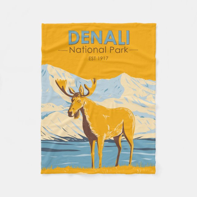 Denali National Park Alaska Moose Vintage  Fleece Blanket (Front)