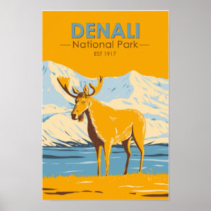 Denali National Park Alaska Moose Vintage Poster