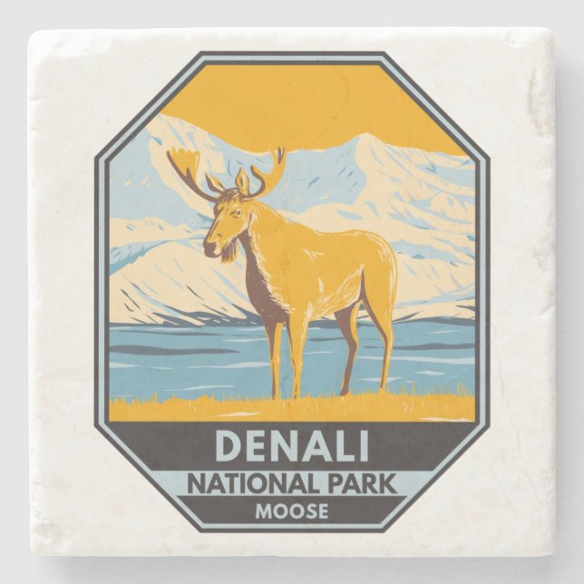 Denali National Park Alaska Moose Vintage Stone Coaster (Front)
