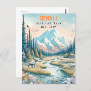 Denali National Park Alaska Mount Hand drawn Postcard