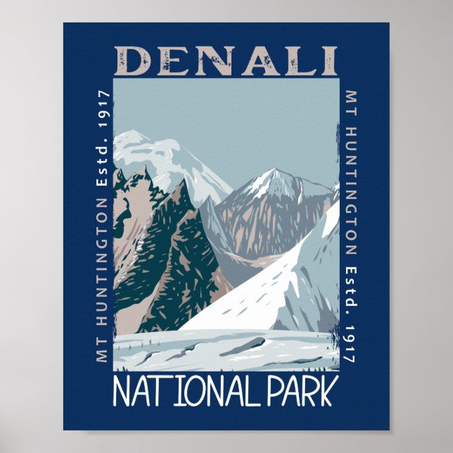 Denali National Park Alaska Mount Huntington Retro Poster (Front)