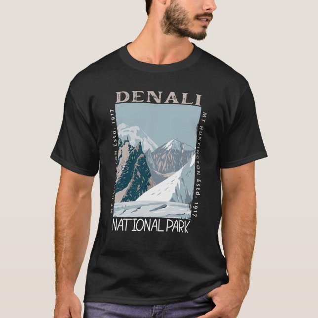 Denali National Park Alaska Mount Huntington Retro T-Shirt (Front)