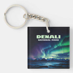 Denali National Park Alaska Northern Lights Retro Key Ring